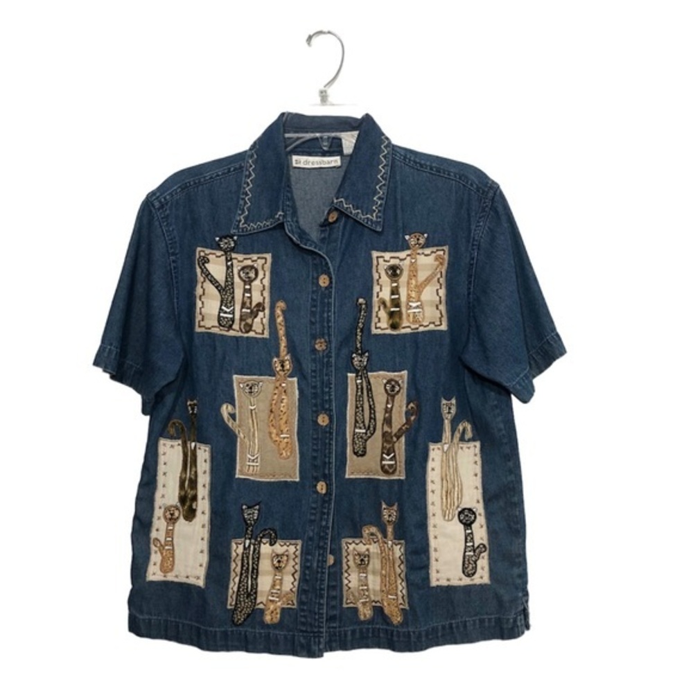 Dressbarn Vintage Jungle Cats Applique Short Sleeve Button Up Denim Top S